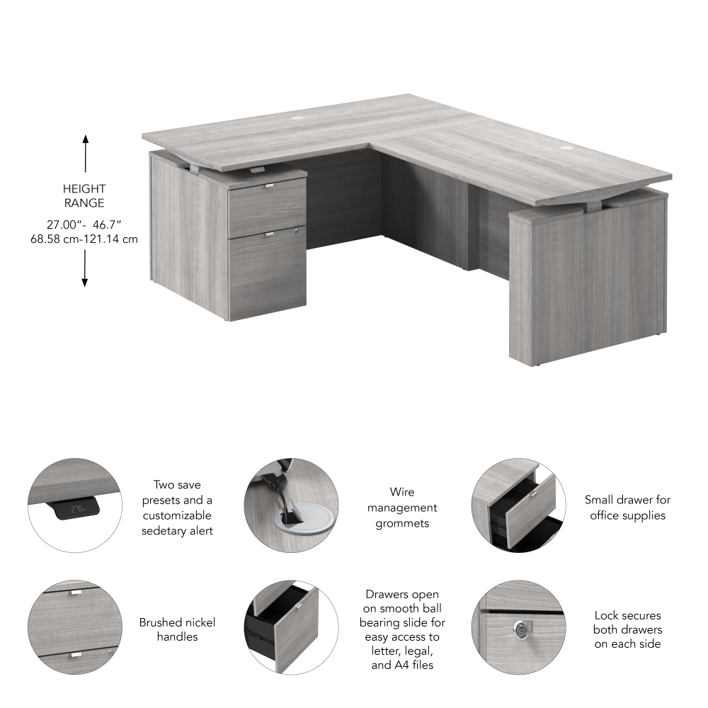 Stratus 60W x 78D Height Adjustable L Shaped Standing Desk with File Cabinet