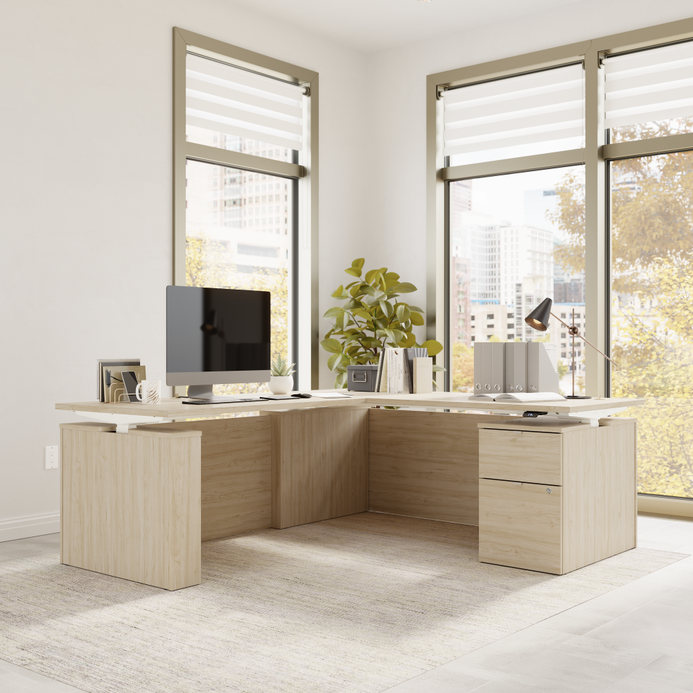 Stratus 72W x 78D Height Adjustable L Shaped Standing Desk with File Cabinet