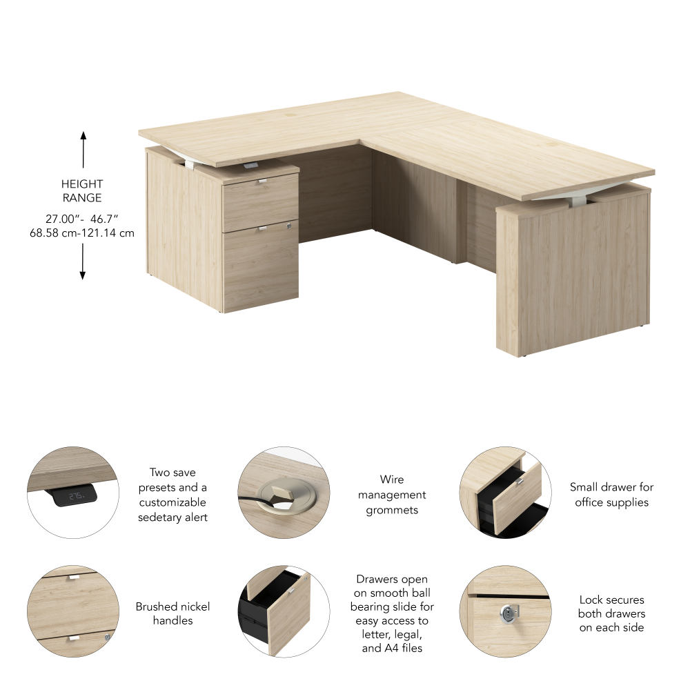 Stratus 60W x 78D Height Adjustable L Shaped Standing Desk with File Cabinet