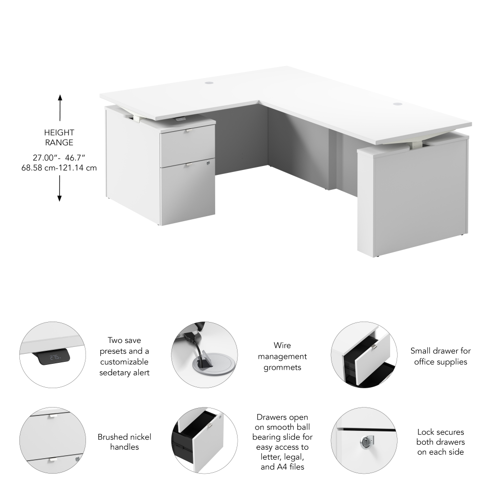 Stratus 60W x 78D Height Adjustable L Shaped Standing Desk with File Cabinet