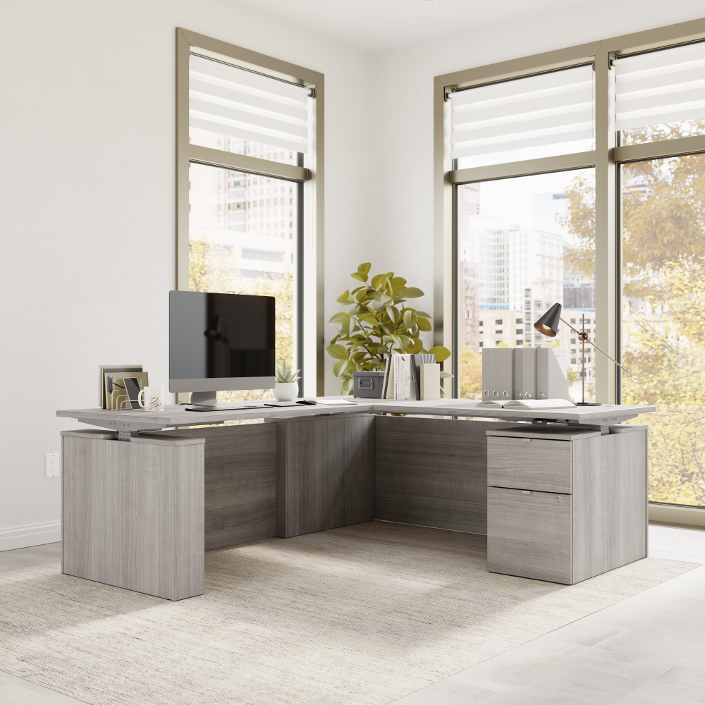 Stratus 72W x 78D Height Adjustable L Shaped Standing Desk with File Cabinet