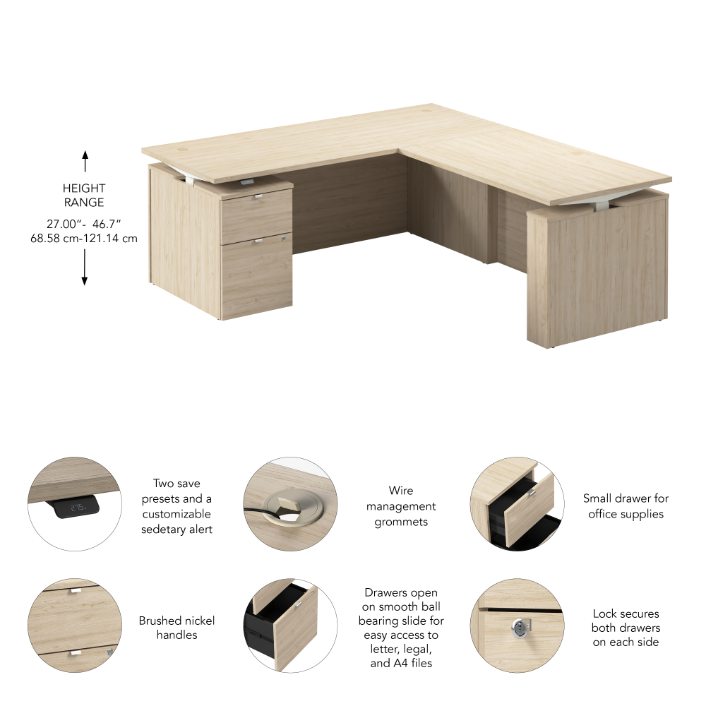 Stratus 72W x 78D Height Adjustable L Shaped Standing Desk with File Cabinet