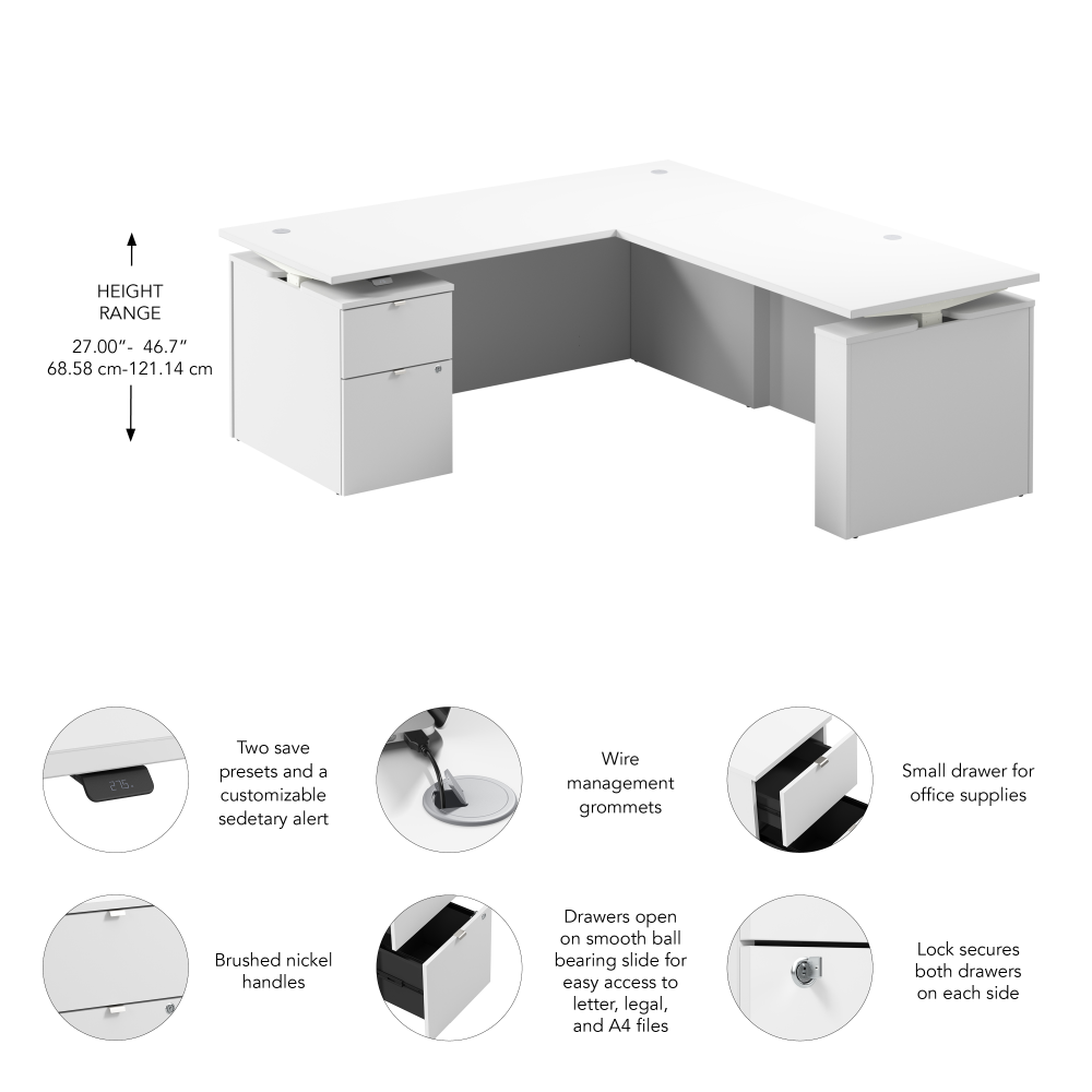 Stratus 72W x 78D Height Adjustable L Shaped Standing Desk with File Cabinet