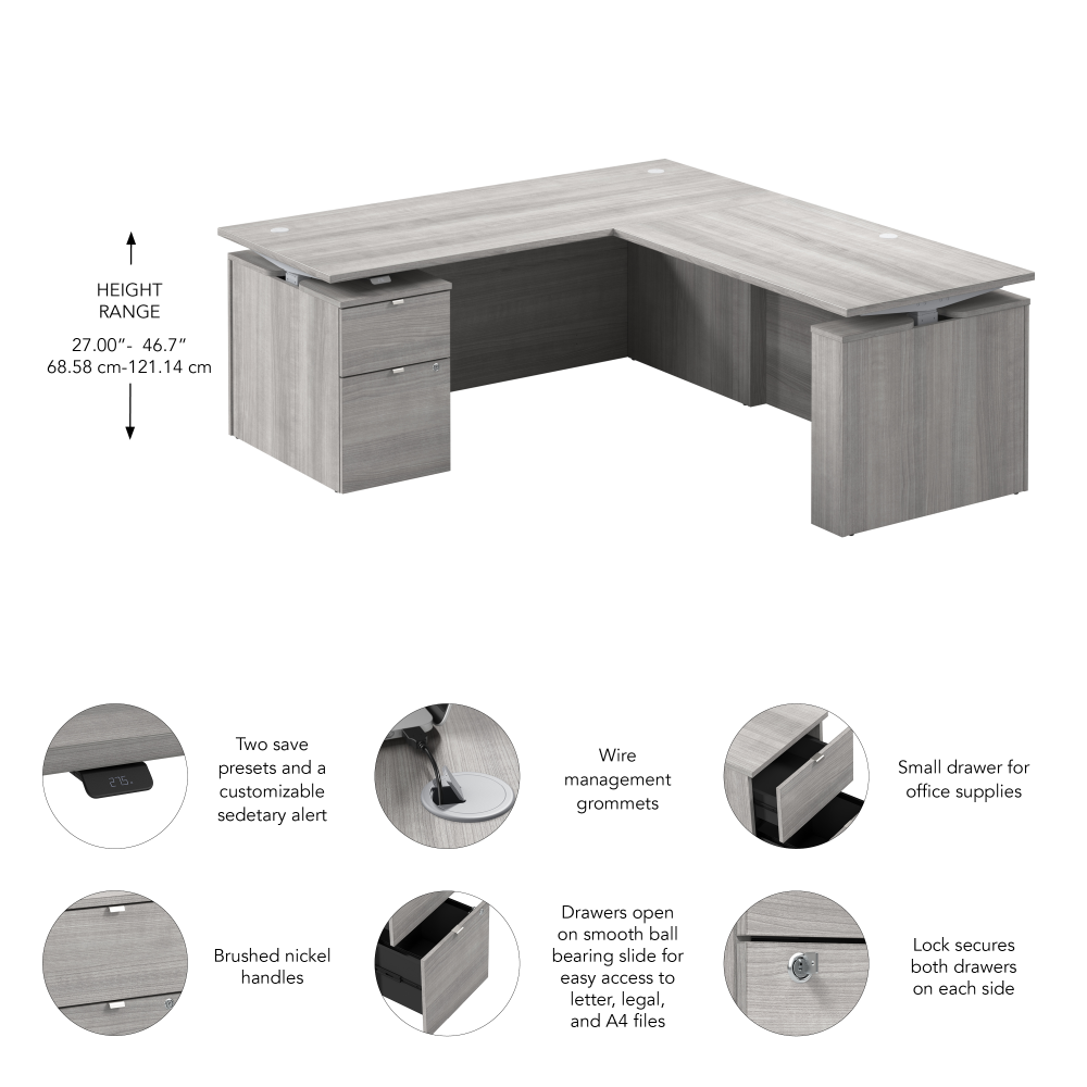 Stratus 72W x 78D Height Adjustable L Shaped Standing Desk with File Cabinet